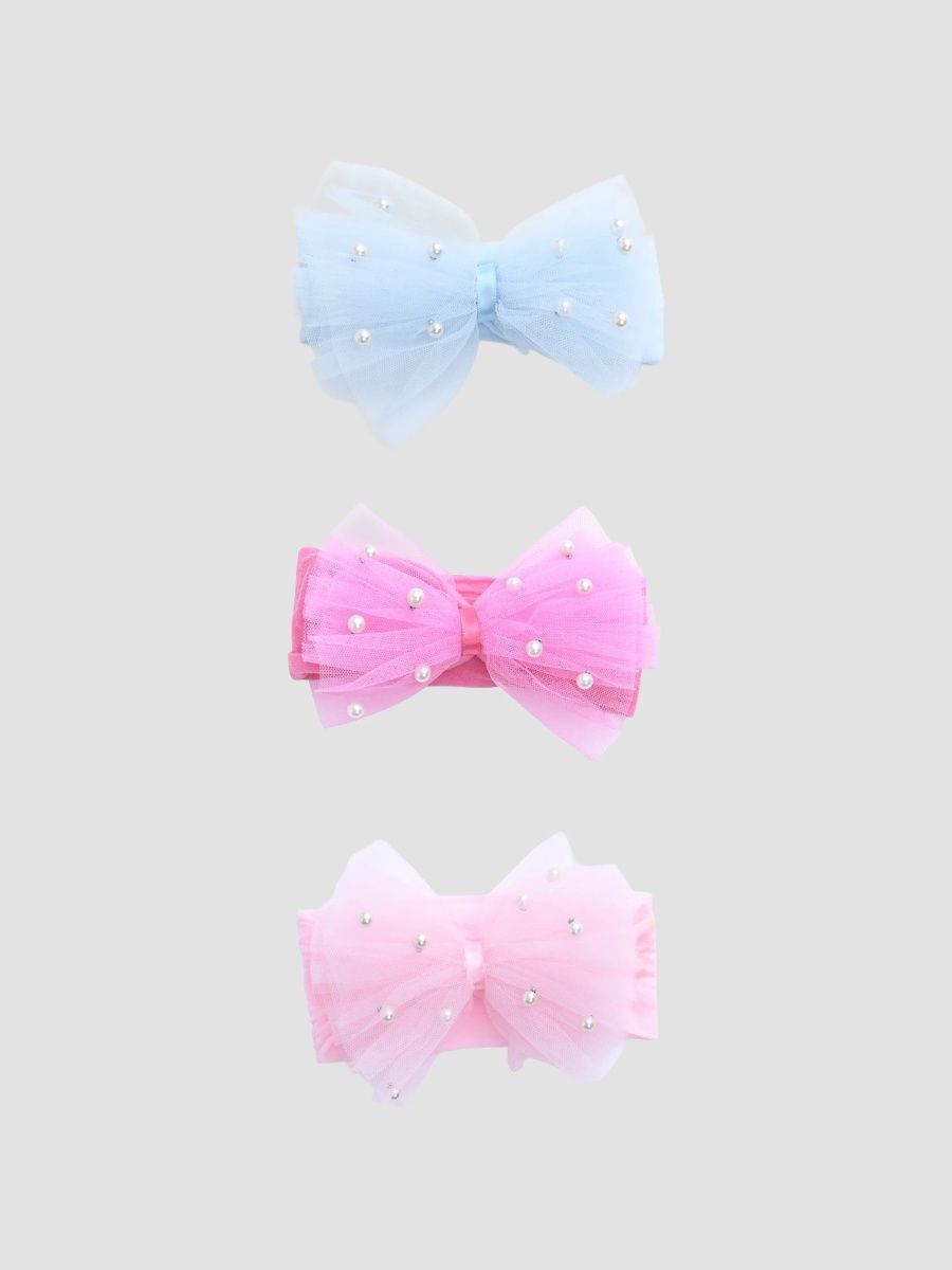 Mimi Tutu Girl's Girl's Elastic Tulle Pearl Bow Headband Set - Pink Hot Pink Blue
