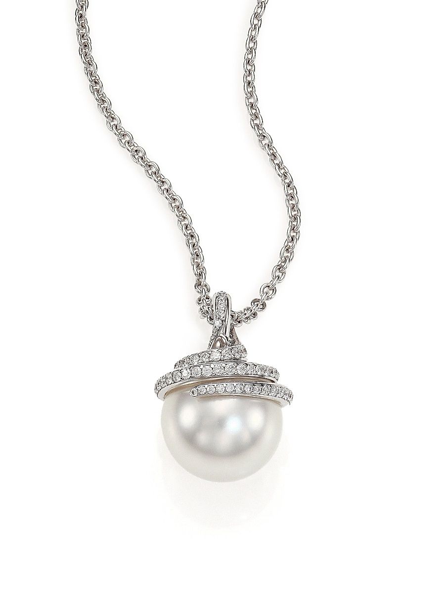 Women's Twist 11MM White Cultured South Sea Pearl, Diamond & 18K White Gold Pendant Necklace - White Gold