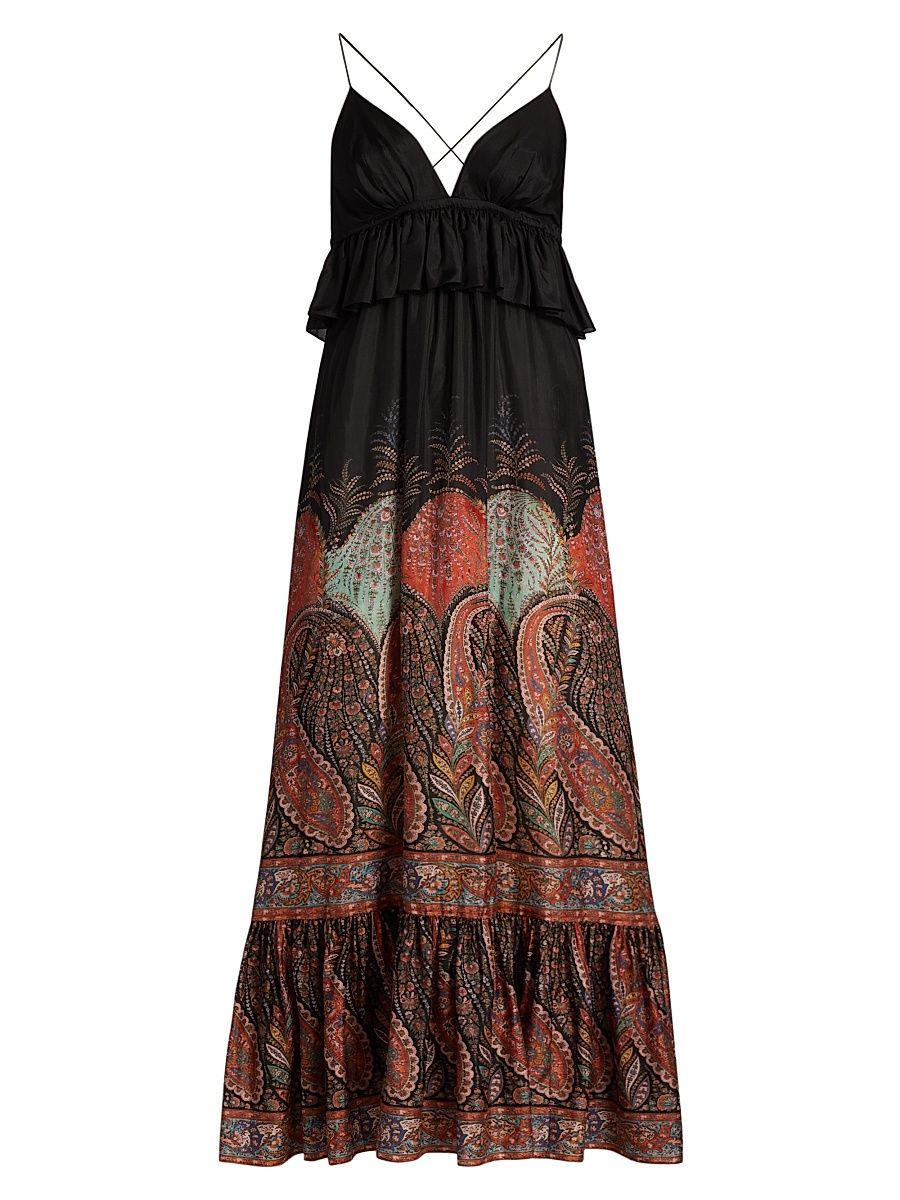 Women's Rhiannon Ruffled Paisley Silk Maxi Dress - Black Paisley - Size 10