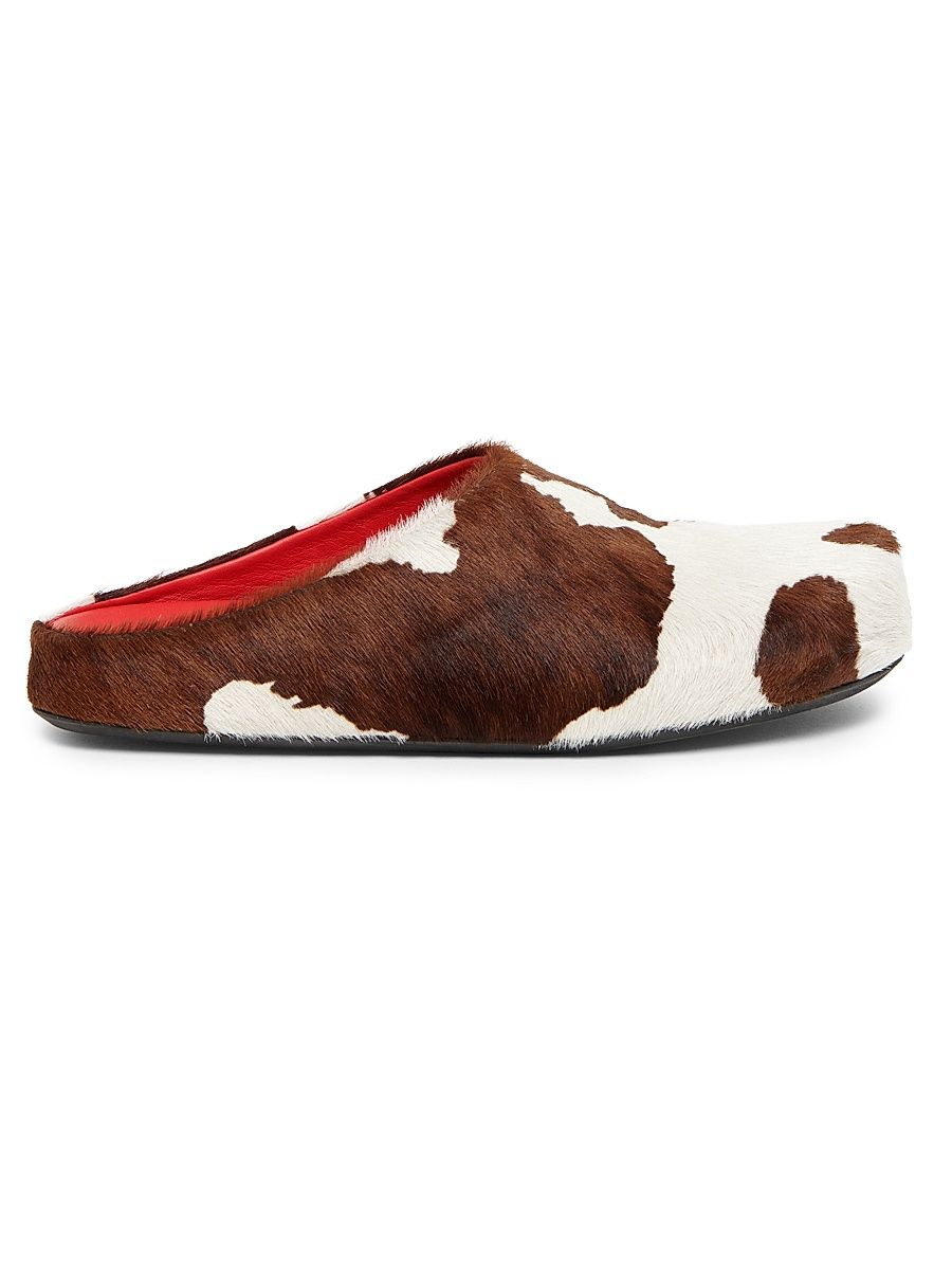 Men's Fussbett Cow-Print Calf Hair Sabots - Lily White Brown - Size 13