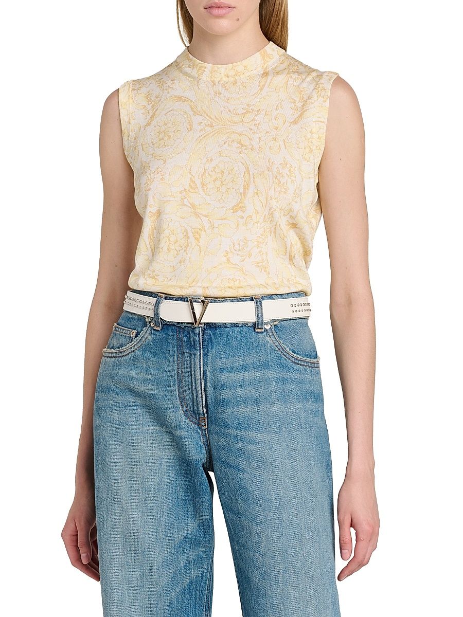 Women's Leather Studded Logo Belt - Porcelain White Palladium - Size Large