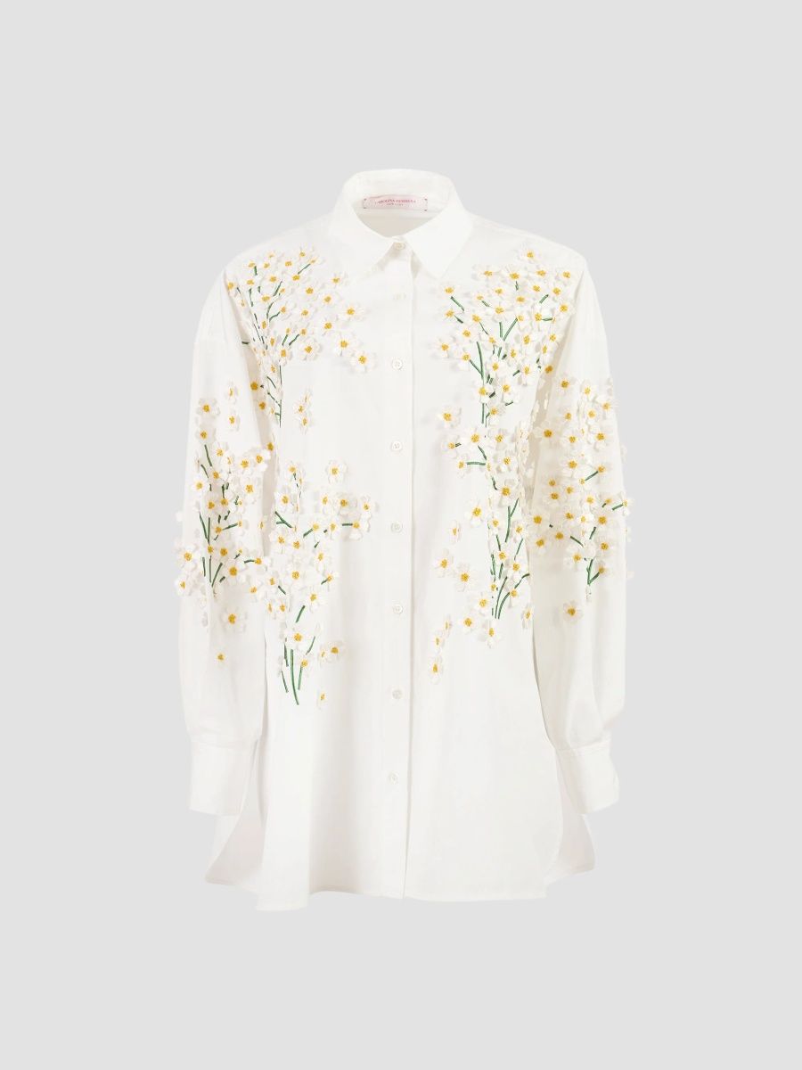 Carolina Herrera Women's Floral-Appliqué Cotton-Blend Oversized Shirt - White - Size 12