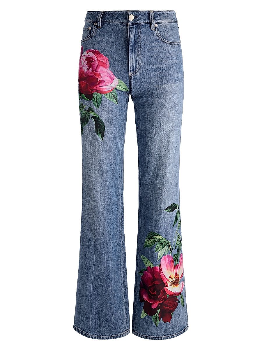Women's Chic Floral Placement High-Rise Flare Jeans - Denver Bright Blue - Size 32