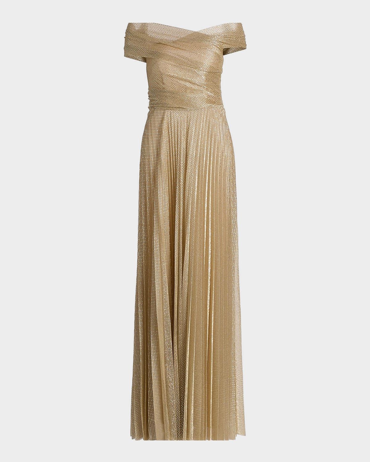 Metallic Pin Dot Pleated Off-The-Shoulder Gown