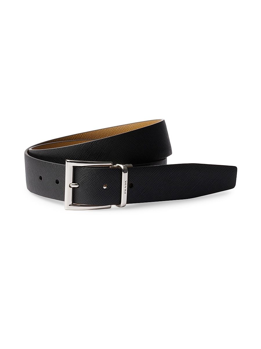 Men's Saffiano Leather Reversible Belt - Black - Size 42