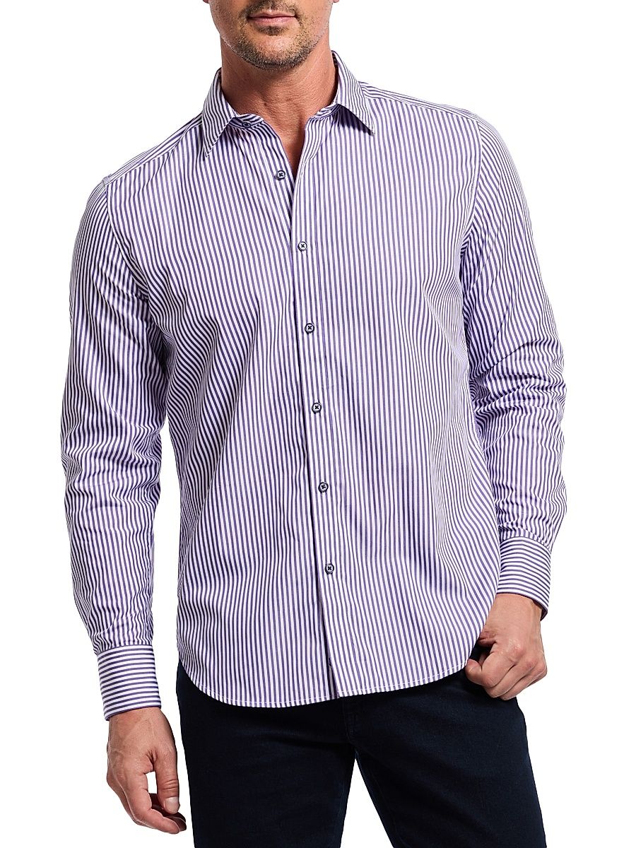 Men's Greenwich Striped Stretch Cotton Shirt - Purple - Size XXL