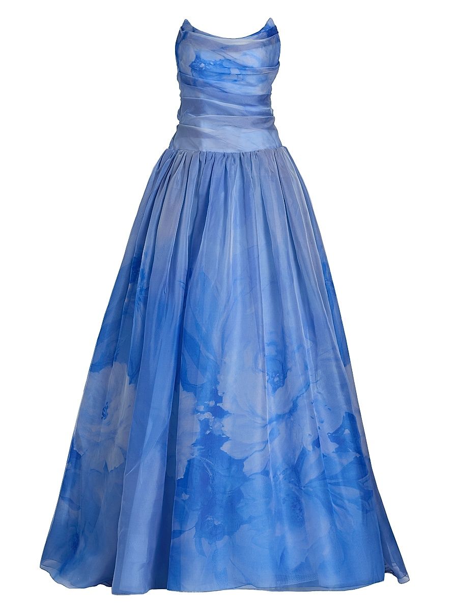 Women's Floral Silk Organza Strapless Gown - Blue Multi - Size 6