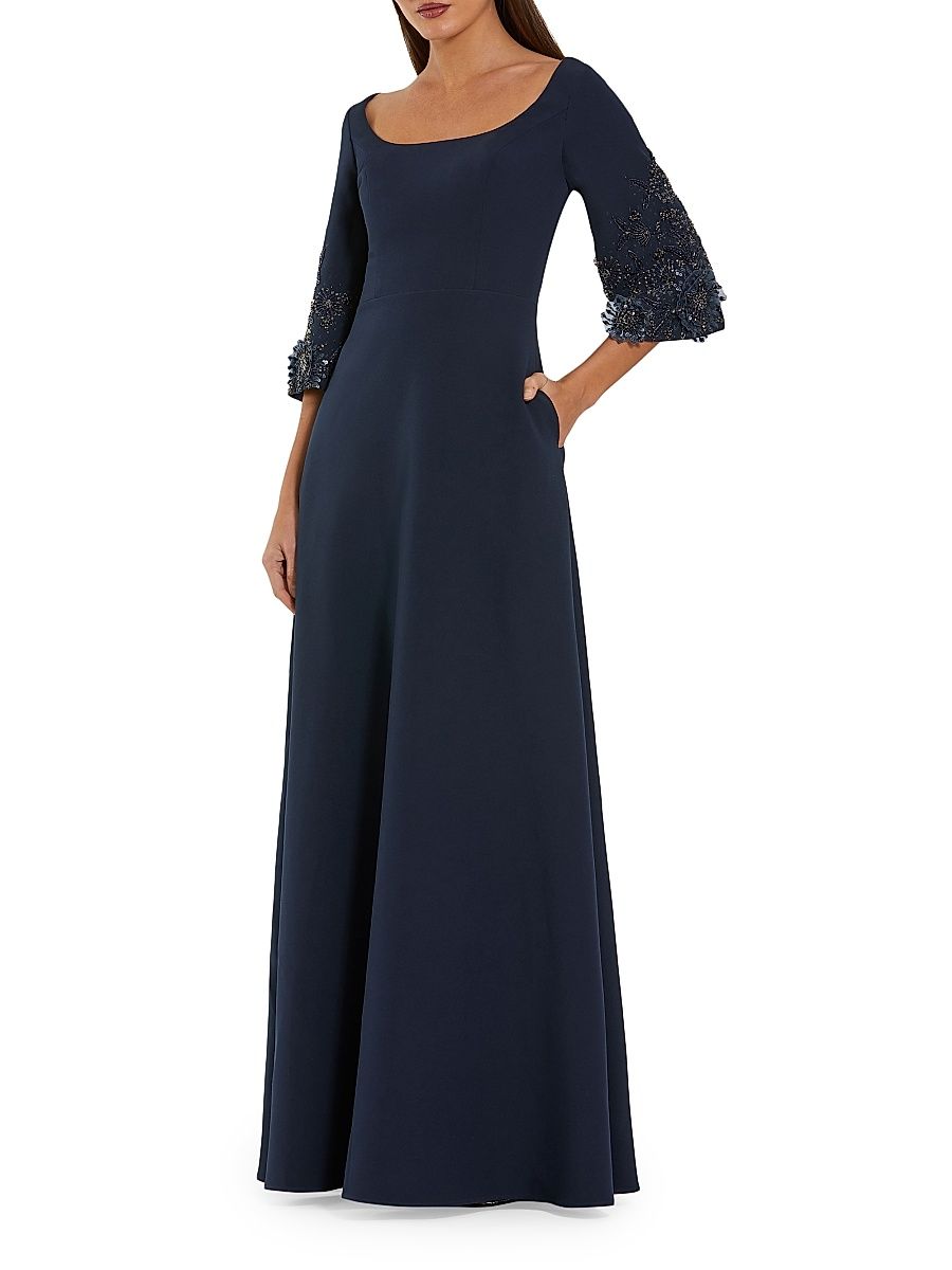 Women's Evening Beaded-Sleeve Crepe Gown - Midnight - Size 24