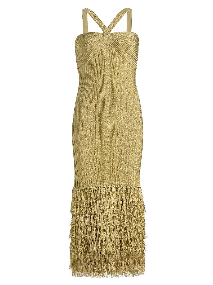 Women's Rosalina Shimmer Metallic Fringe Midi-Dress - Gold - Size XL