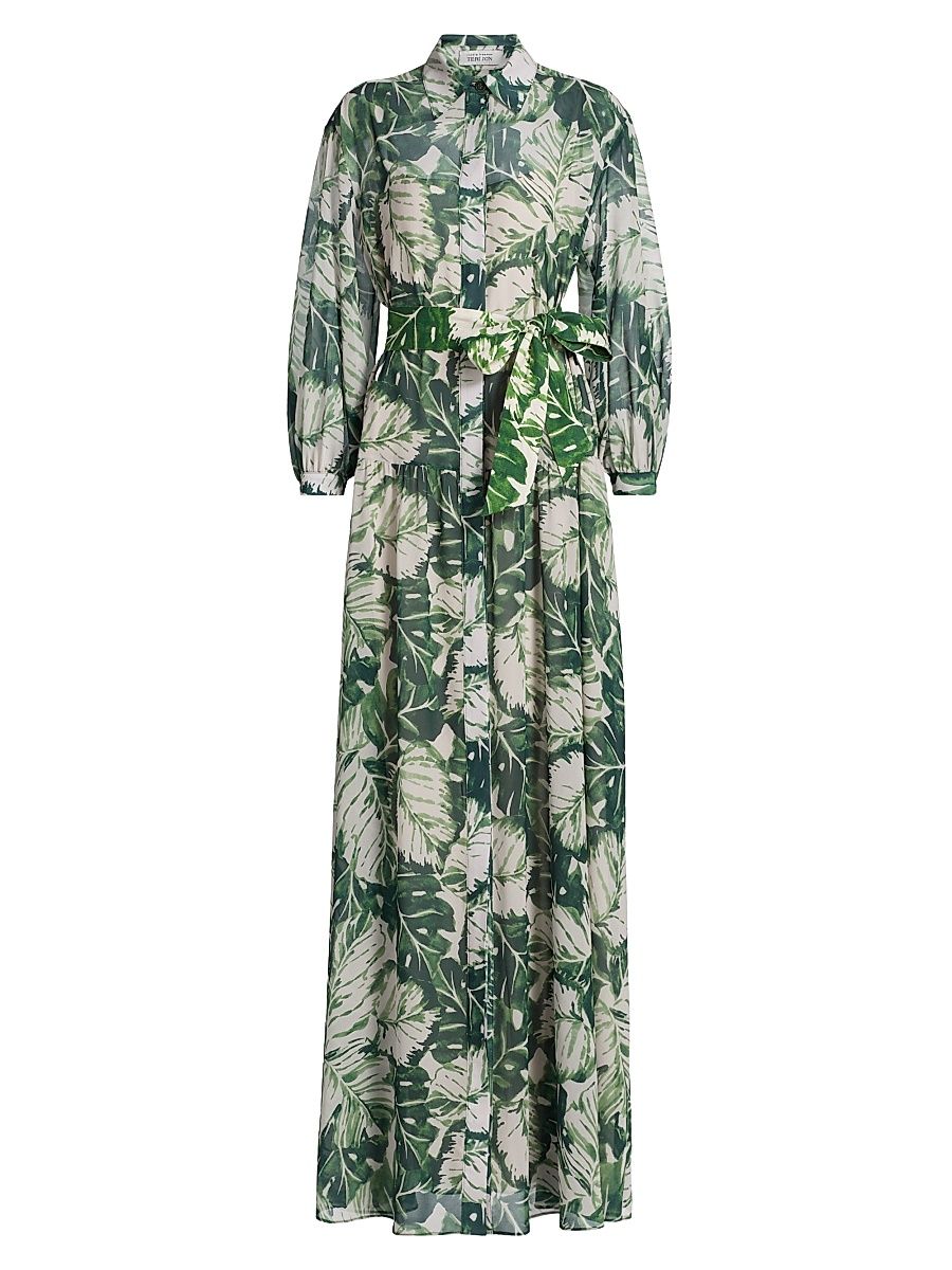 Women's Palm Leaf Maxi Shirtdress - Green Multi - Size 10