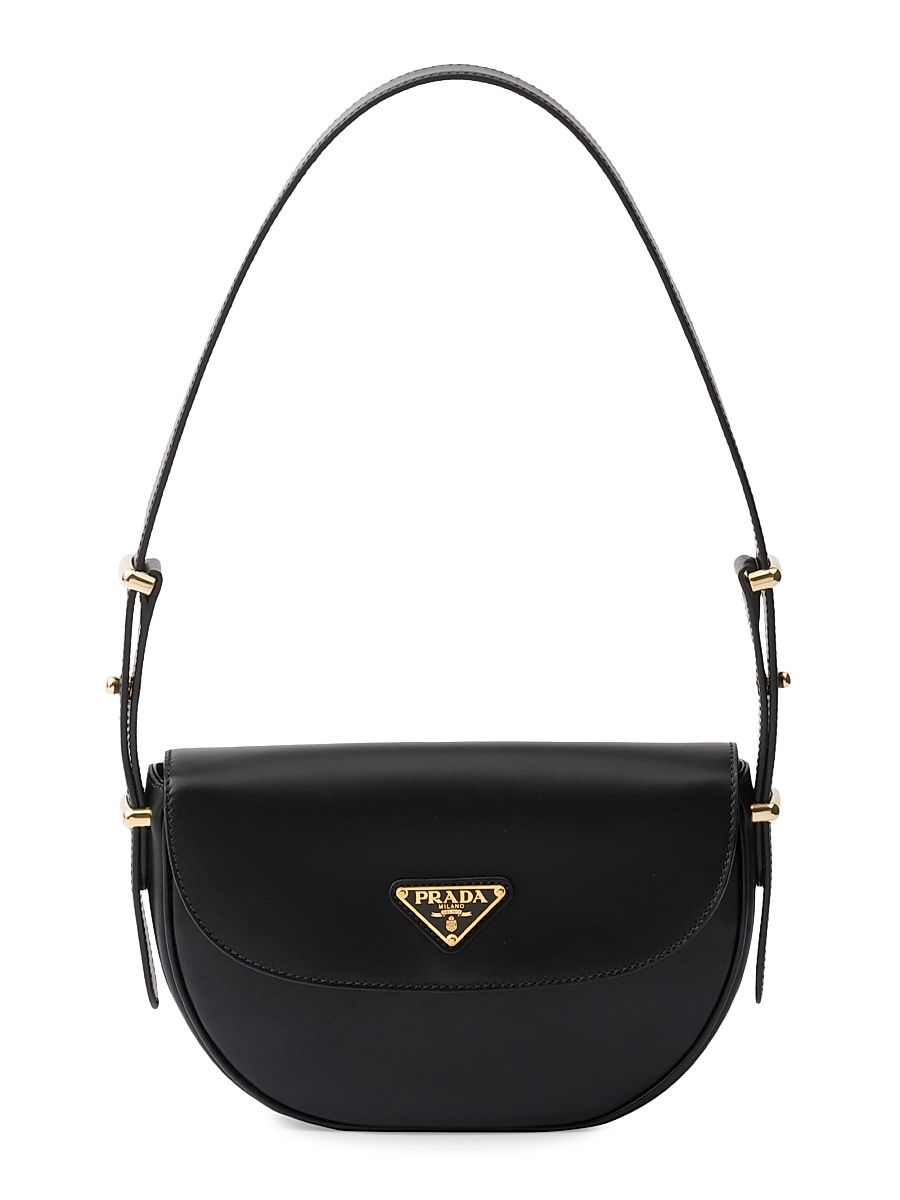 Women's Arqué Leather Shoulder Bag with Flap - Black