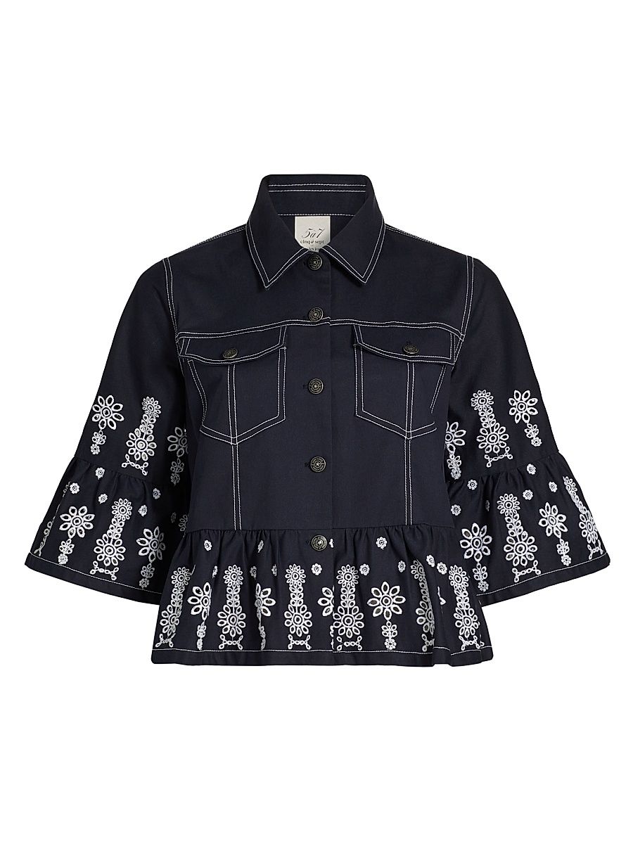 Women's Mazie Embroidered Stretch-Cotton Jacket - Navy White - Size Large