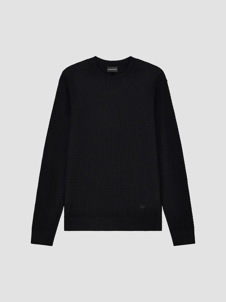 Emporio Armani Men's Square-Stitch Crewneck Wool Long-Sleeve Sweater - Square Stich Black - Size XXL