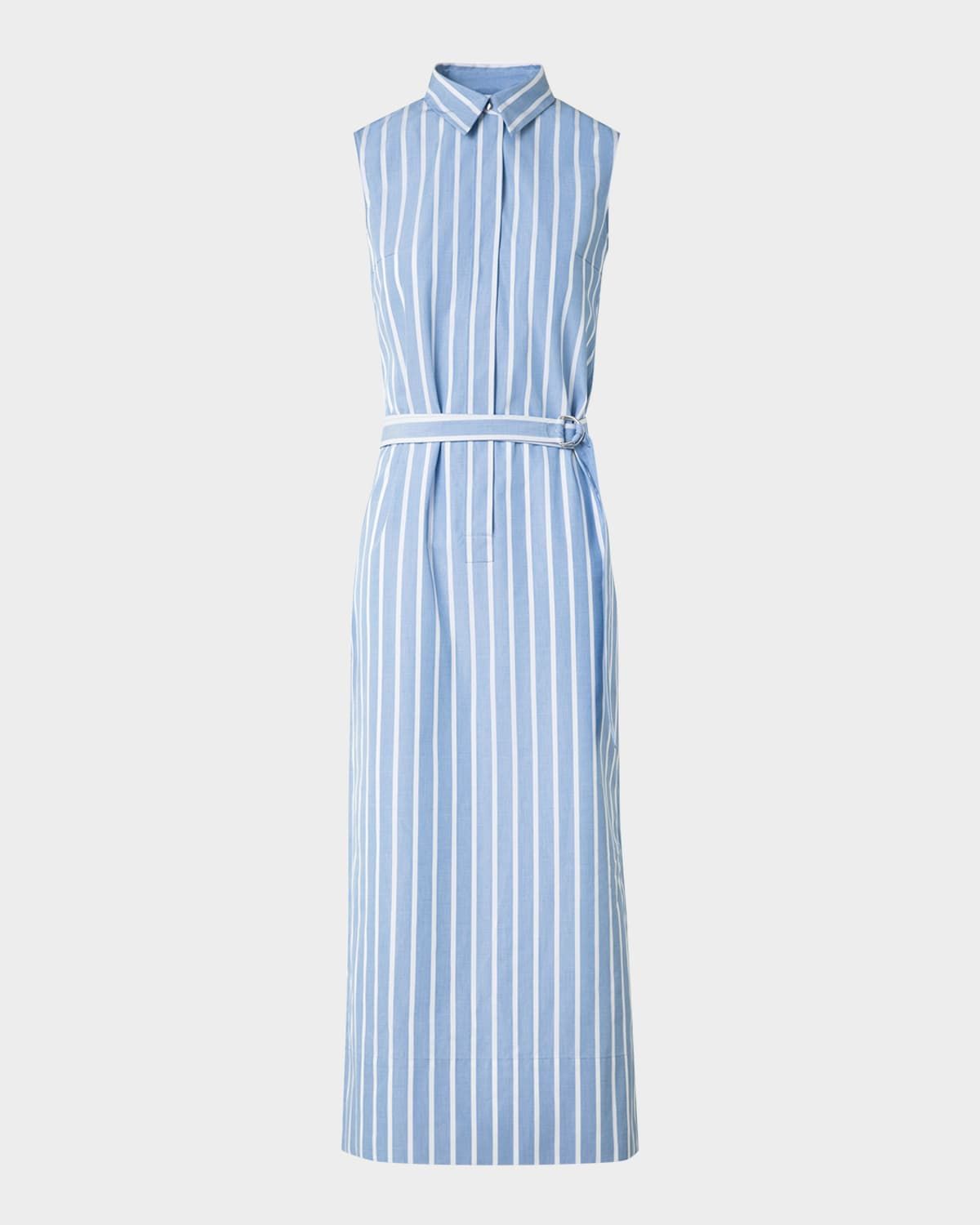 Striped Sleeveless Belted Cotton Midi Shirtdress