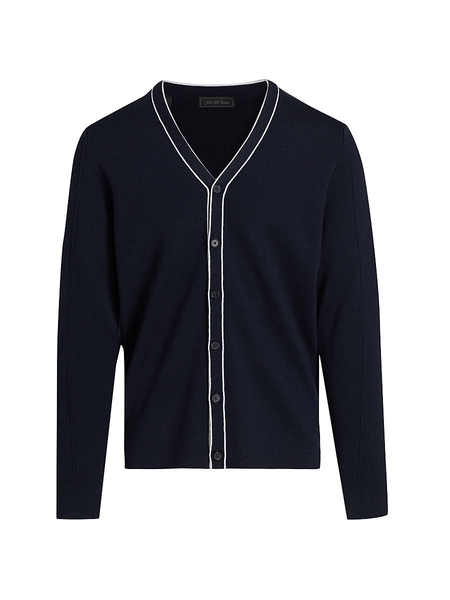 Men's COLLECTION Tipped Wool Long-Sleeve Cardigan - Navy - Size XXL