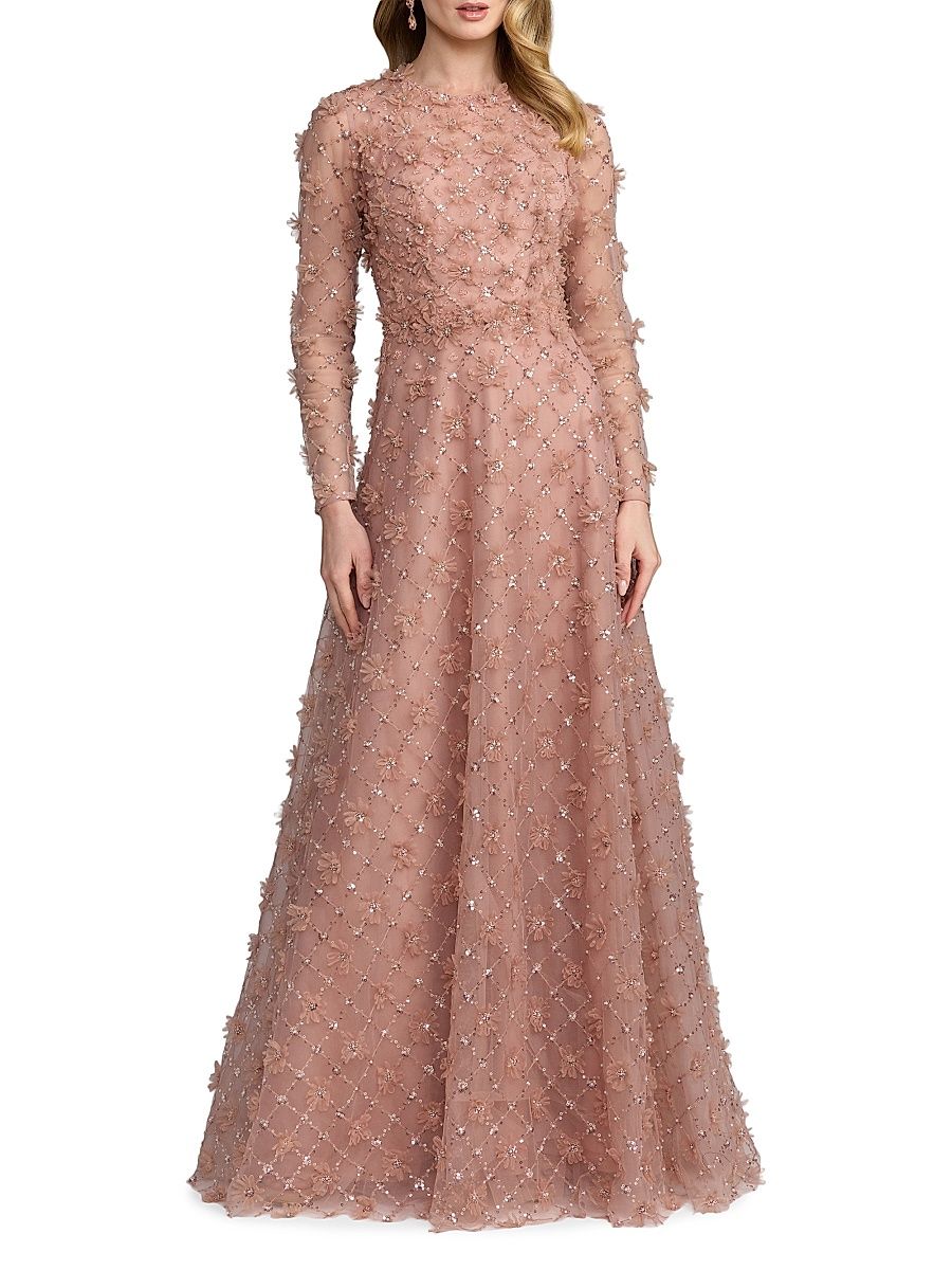 Women's Beaded Tulle Long-Sleeve A-Line Gown - Mocha - Size 20