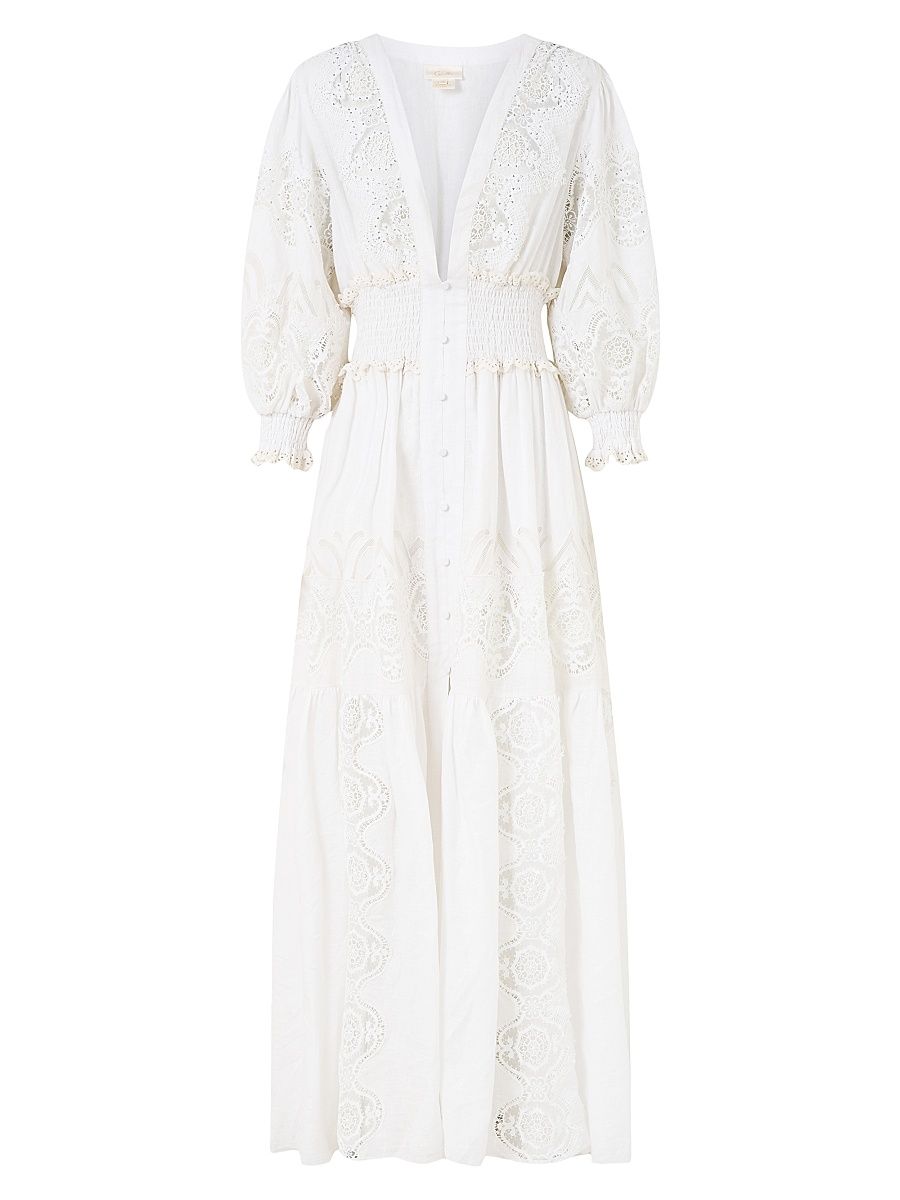 Women's Embellished Shirred Linen Maxi Dress - All About That Lace - Size Medium