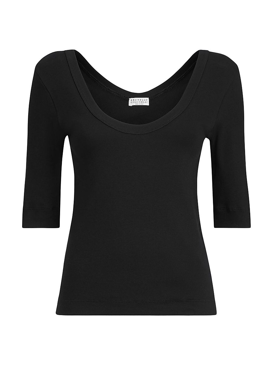 Women's Stretch Cotton Ribbed Jersey T-Shirt with Monili - Black - Size XXXXXL