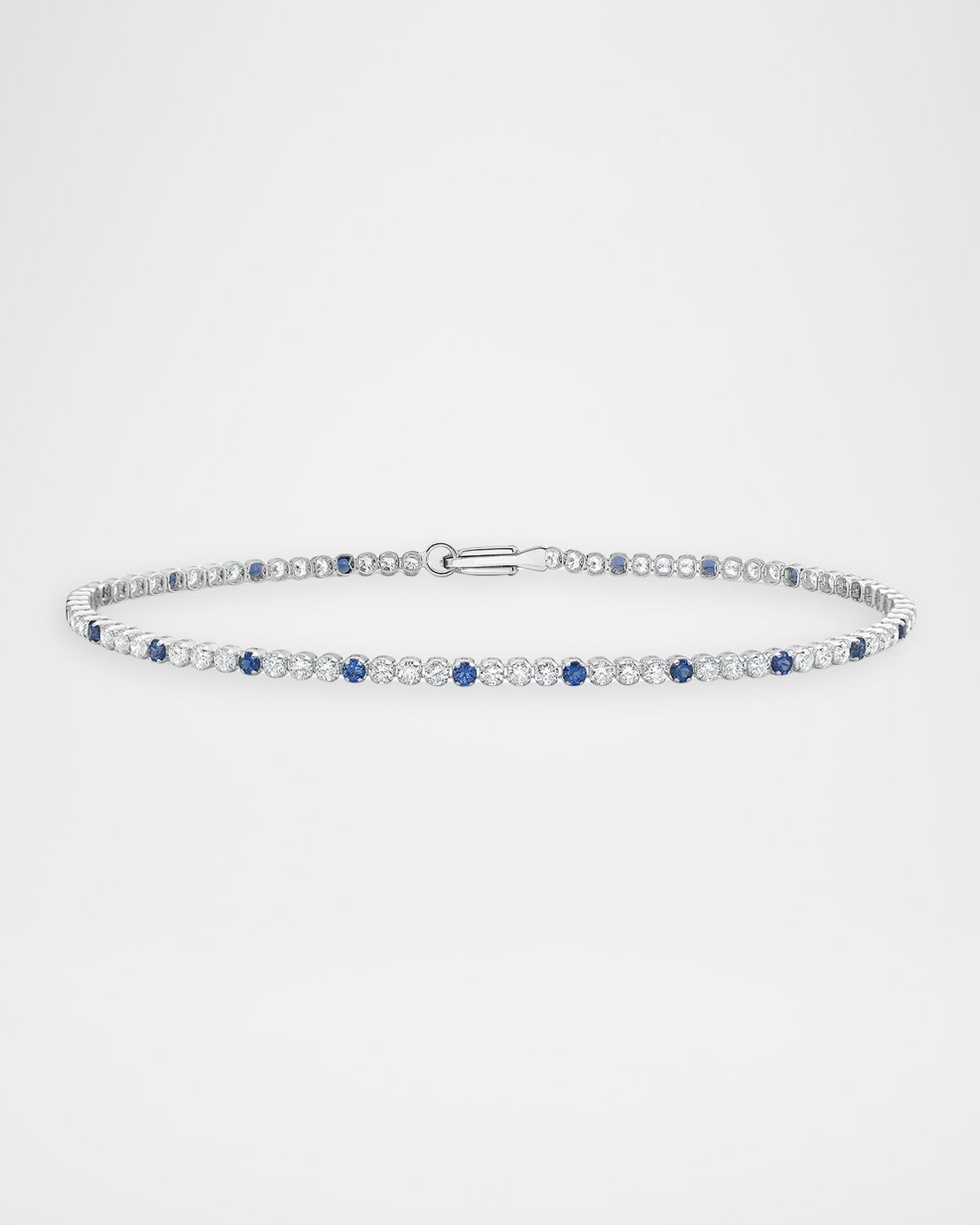 18K White Gold Alternating Diamond Trio and Blue Sapphire Bracelet, 7"L