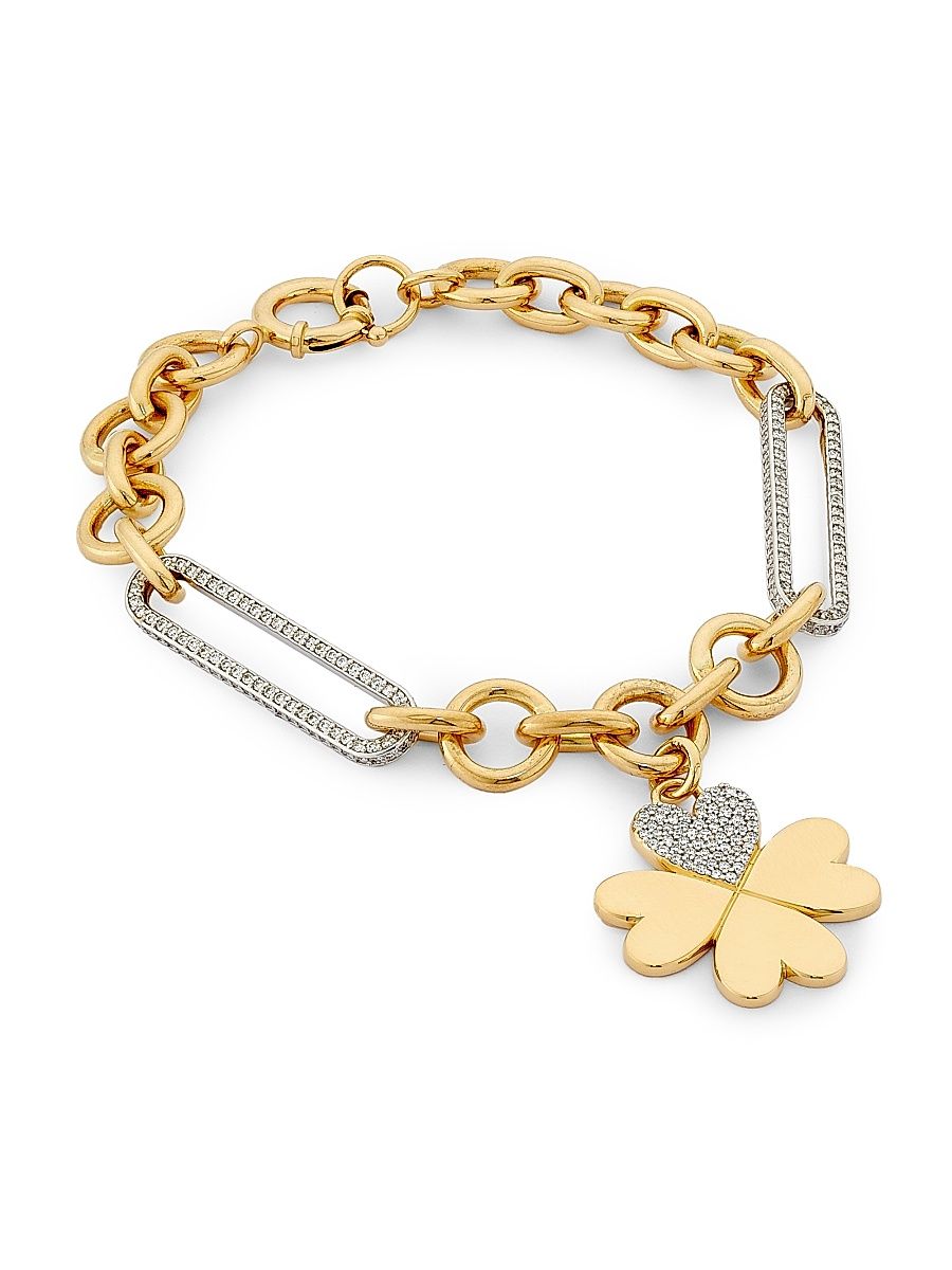Women's True Love Two-Tone 18K Gold & 0.22 TCW Diamond Clover Charm Bracelet - Yellow Gold - Size 7