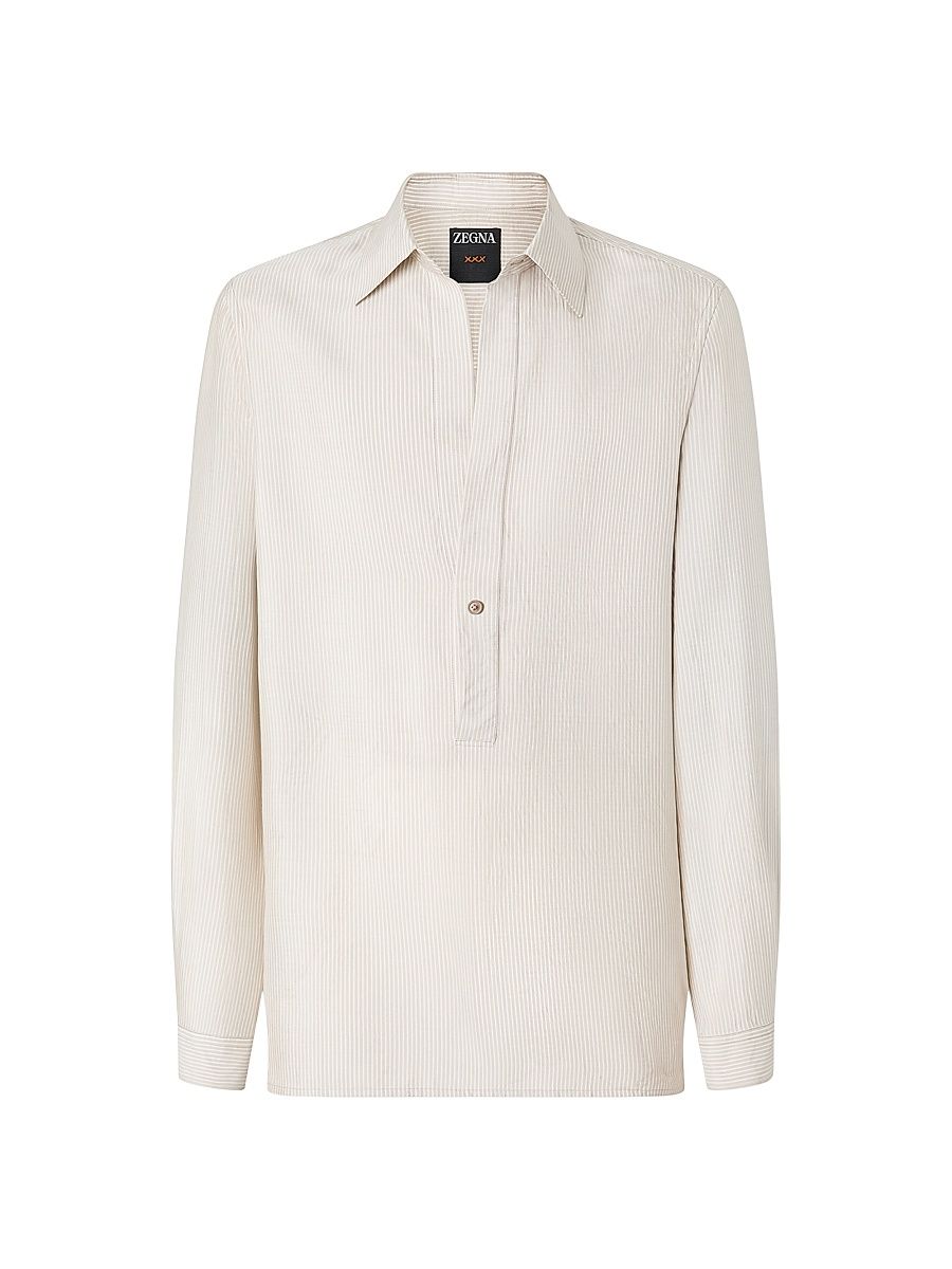 Men's Striped Silk Shirt - White Beige - Size 17