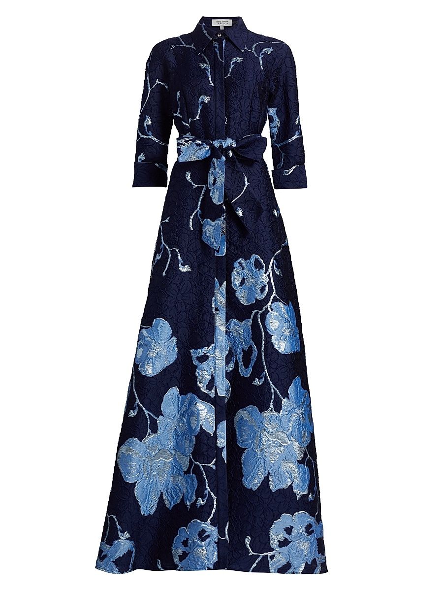 Women's Metallic Jacquard Shirt Gown - Navy Multi - Size 8