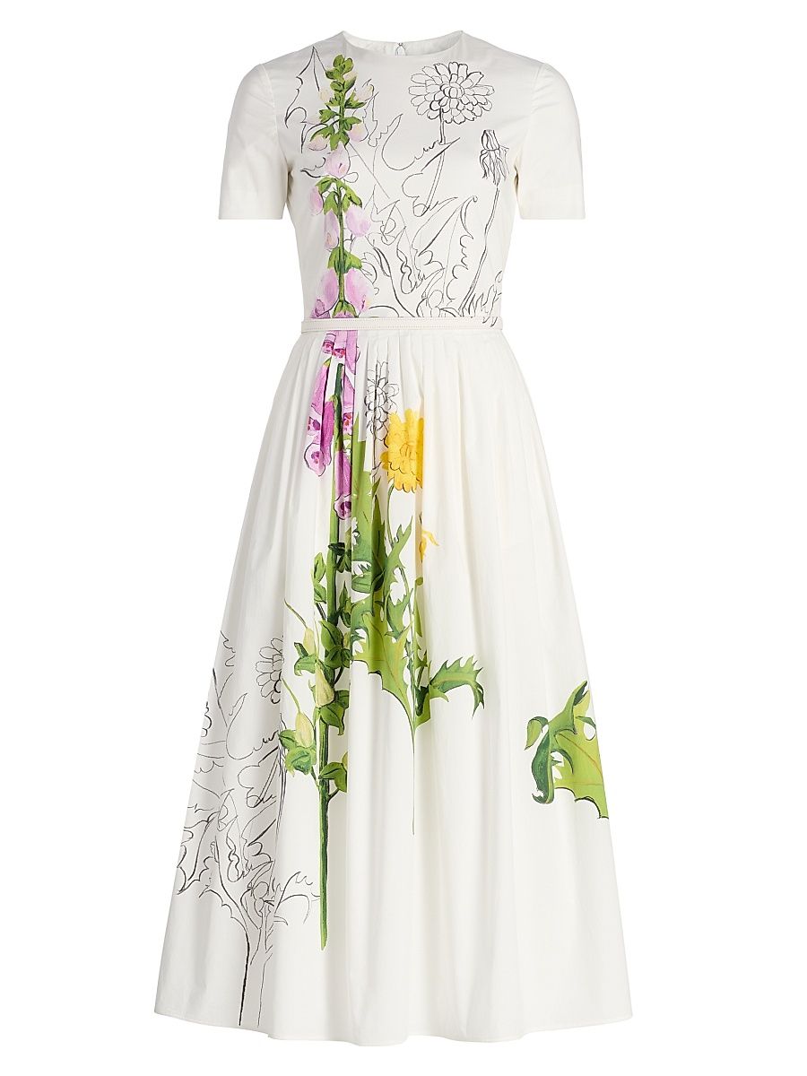 Women's Foxgloves & Dandelion Stretch-Cotton Poplin Midi-Dress - White Multi - Size 14