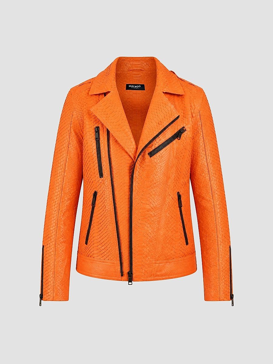 Men's Python Leather Jacket - Orange - Size XL