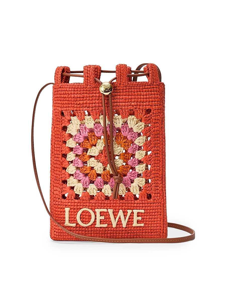 Women's LOEWE x Paula's Ibiza Drawstring Crochet Raffia Pocket Pouch - Bright Orange Pink