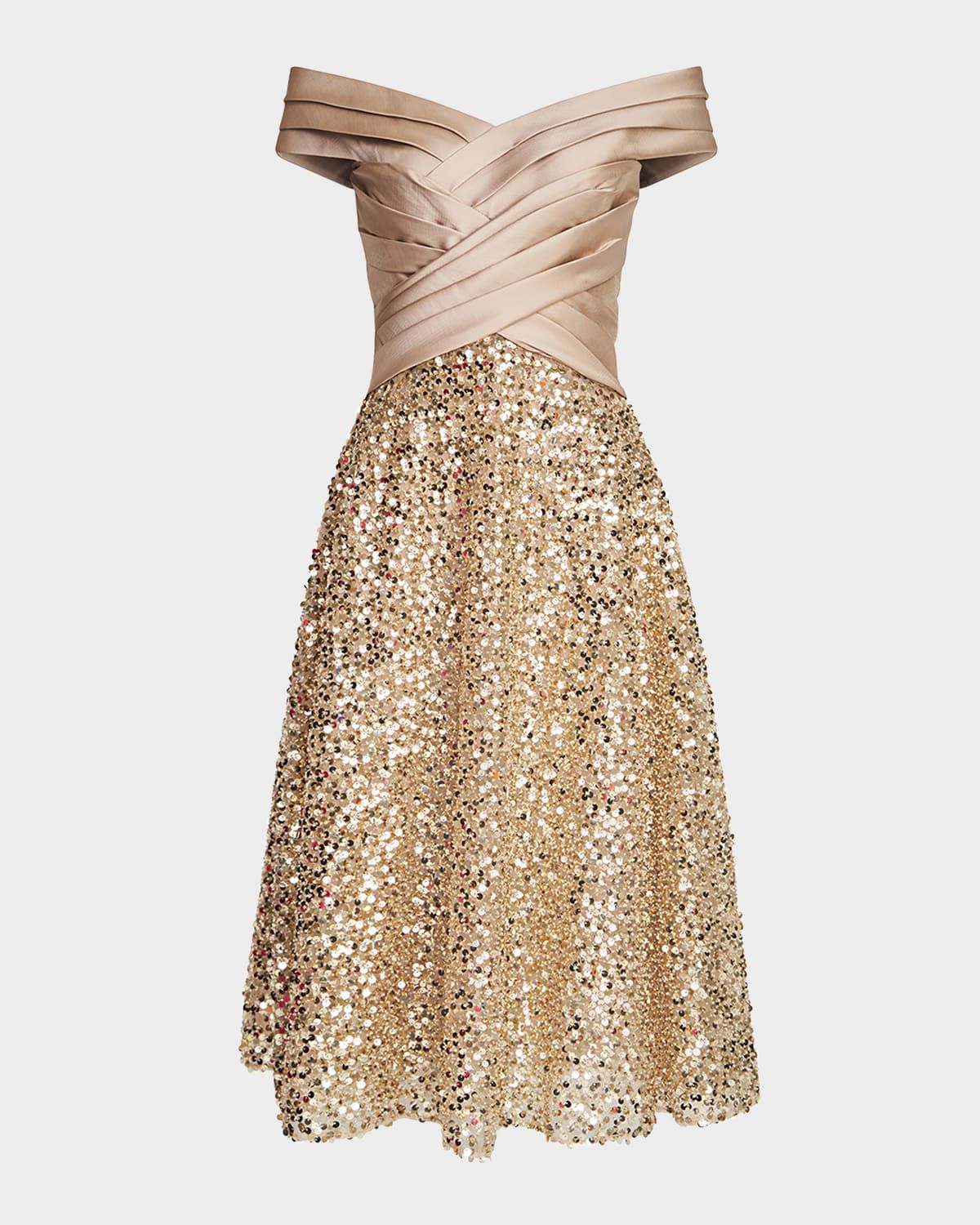 Brandy Off-Shoulder Pleated Sequin Midi Dress