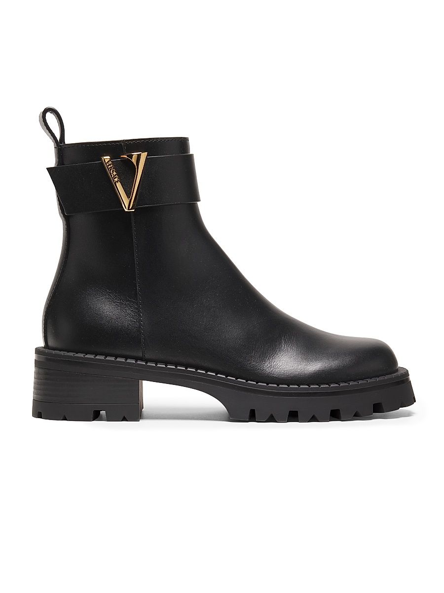 Women's V-Logo Leather Ankle Booties - Black Versace Gold Palladium - Size 11