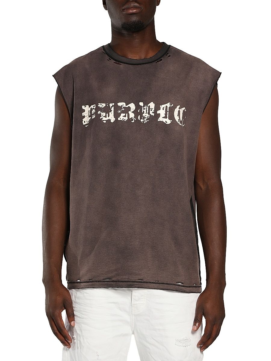 Men's Logo Distressed Cotton Sleeveless T-Shirt - Black - Size XXL