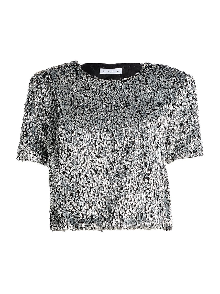 Women's Metallic Beaded Crop T-Shirt - Silver - Size 6