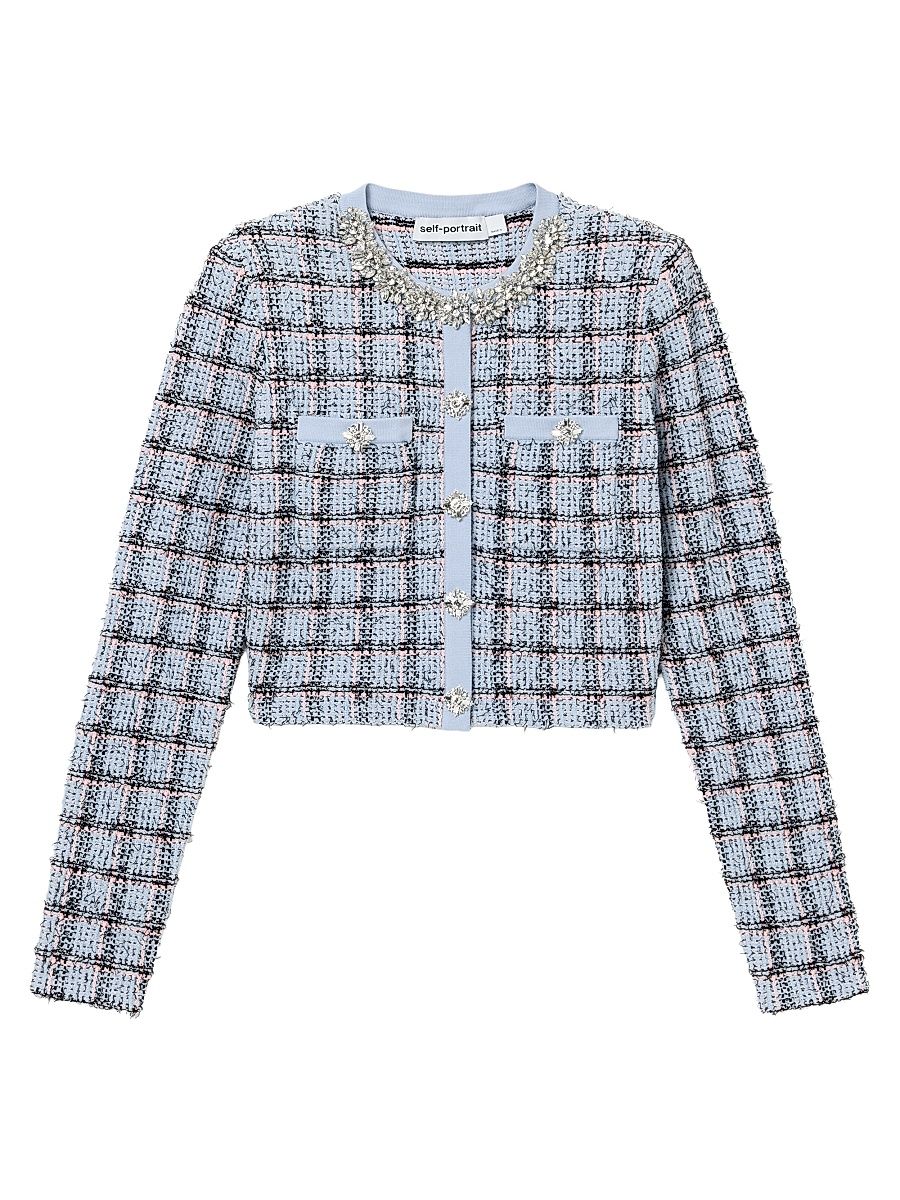 Women's Embellished Check Cardigan - Blue - Size XS