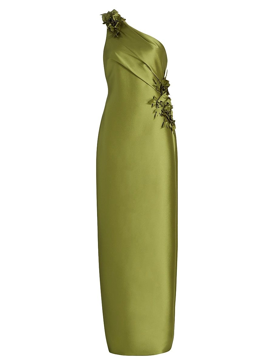 Women's Floral Appliqué One-Shoulder Gown - Chartreuse - Size 0