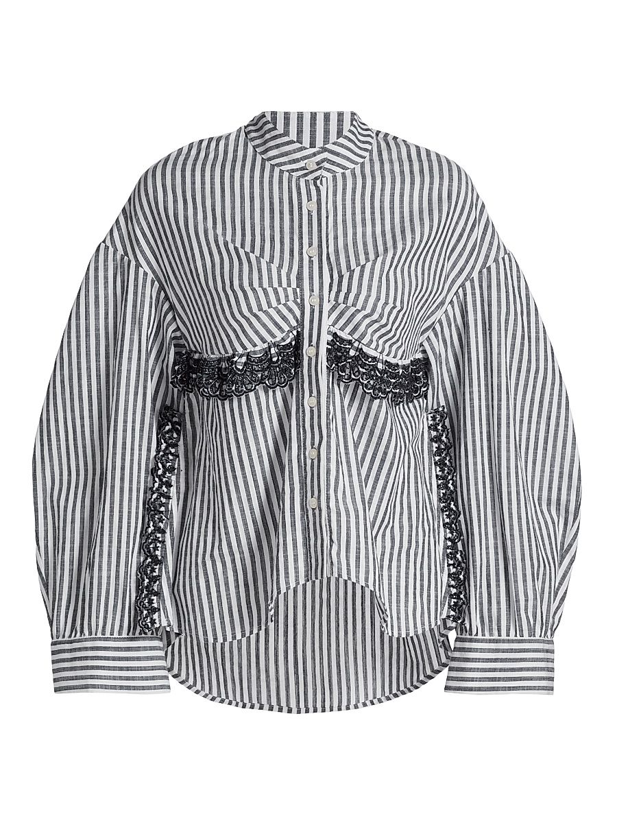 Women's Momoyo Lace-Trim Striped Cotton Shirt - Navy - Size 8