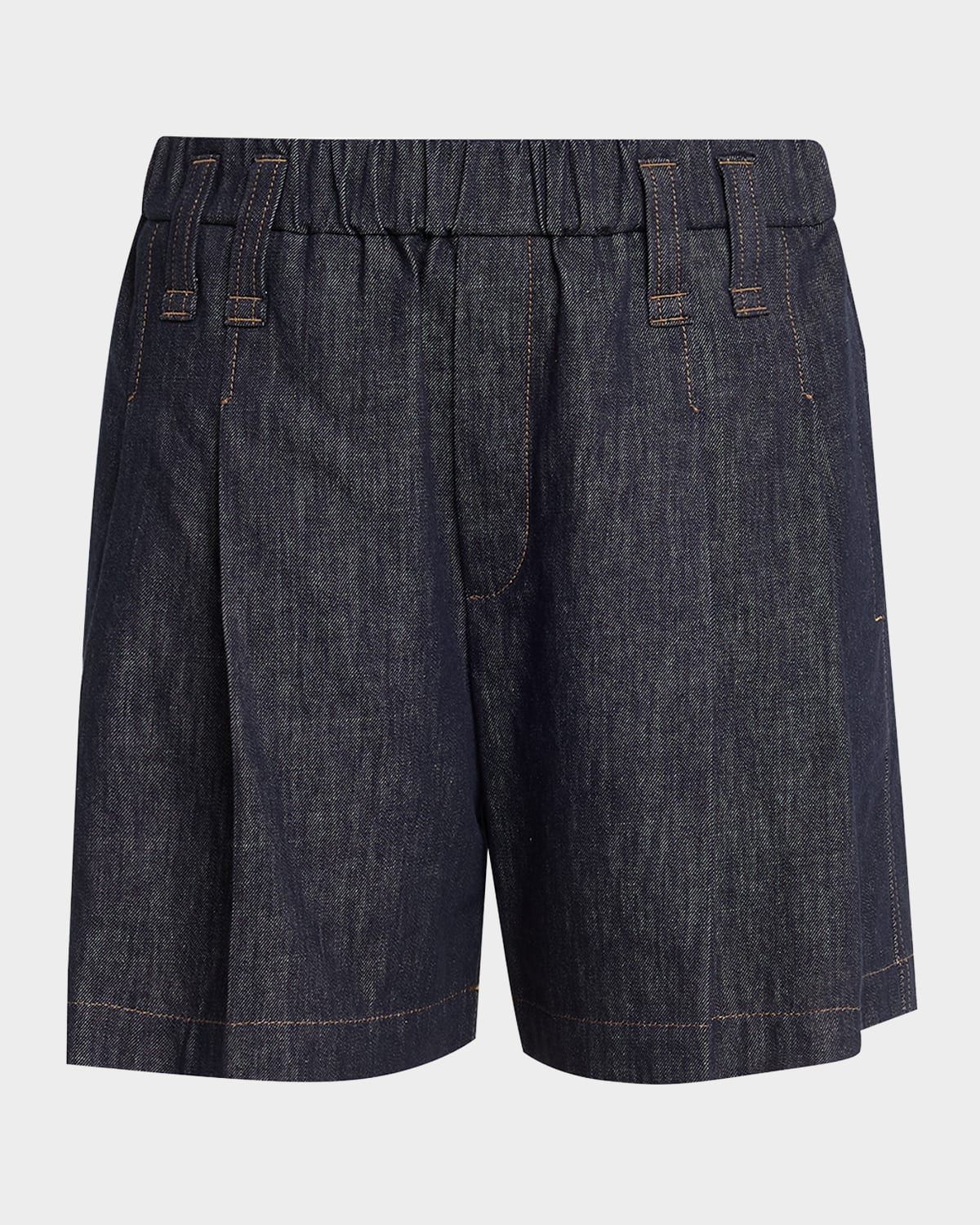 Double Pleated Pull-On Denim Shorts