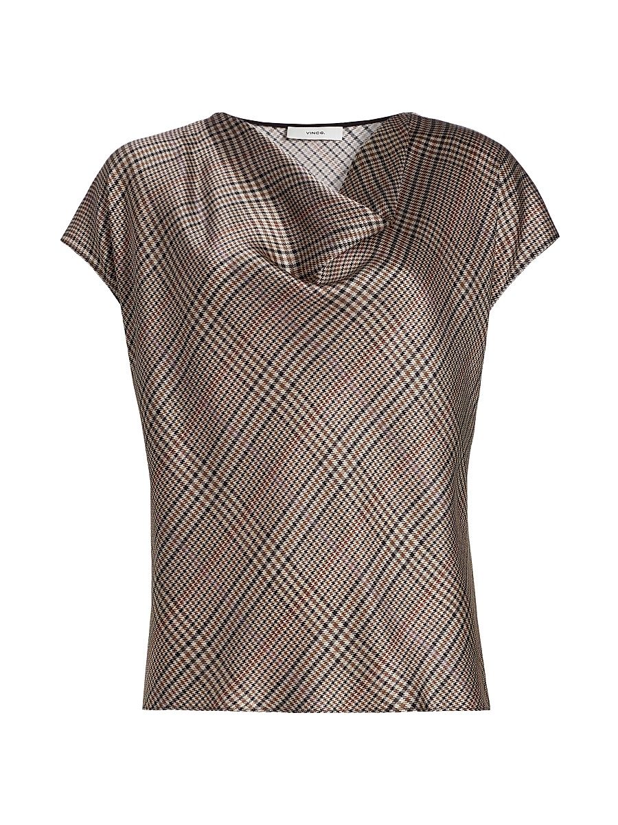 Women's Plaid Silk Cowlneck Blouse - Mulighti Plaid - Size Large