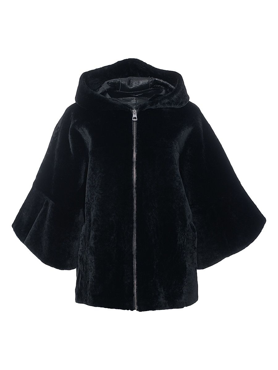 Women's Shearling Lamb Zip Jacket with Cropped Sleeves - Black - Size Medium