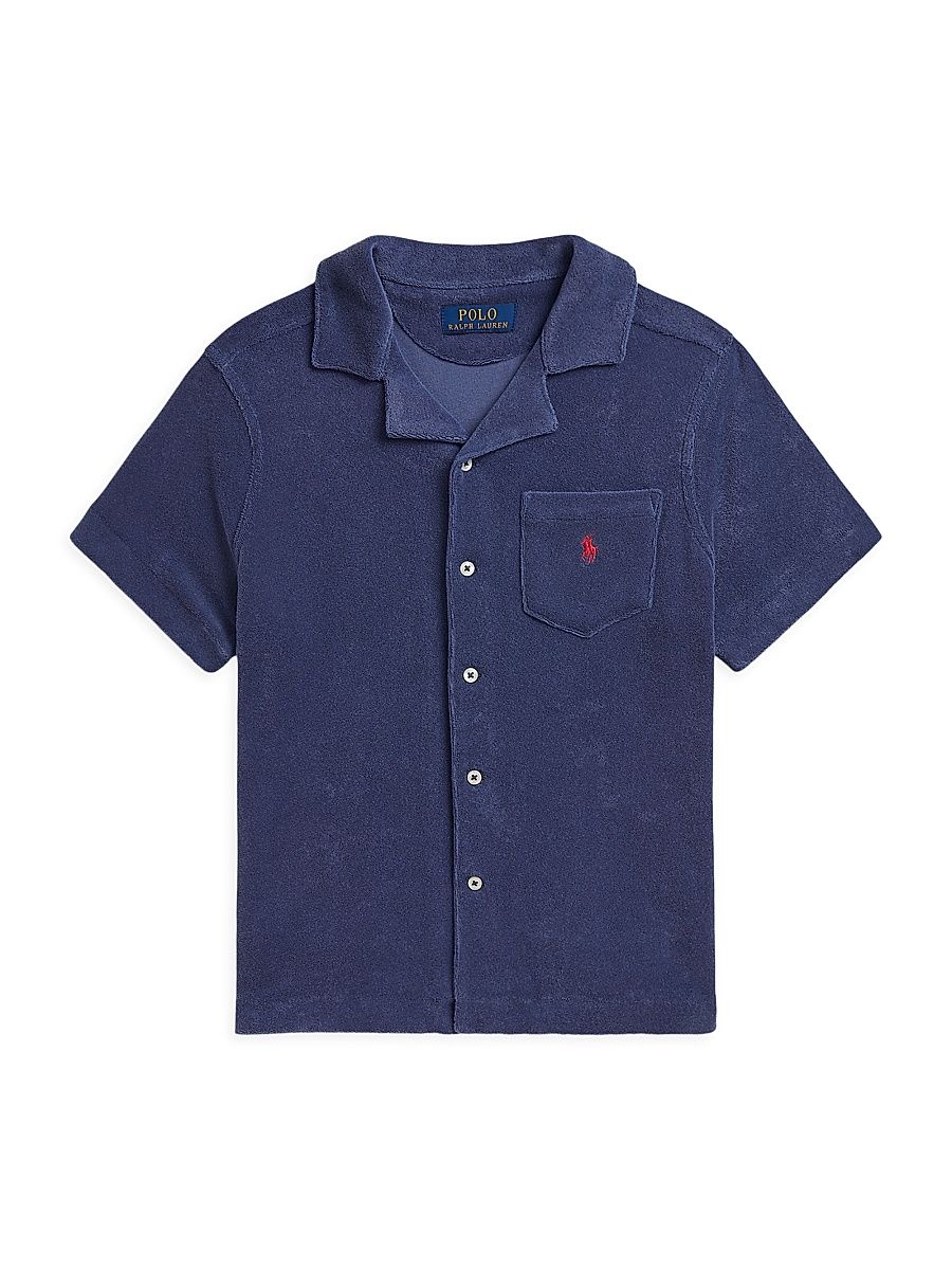 Boy's Cotton-Blend Terry Camp Shirt - Light Navy - Size 18