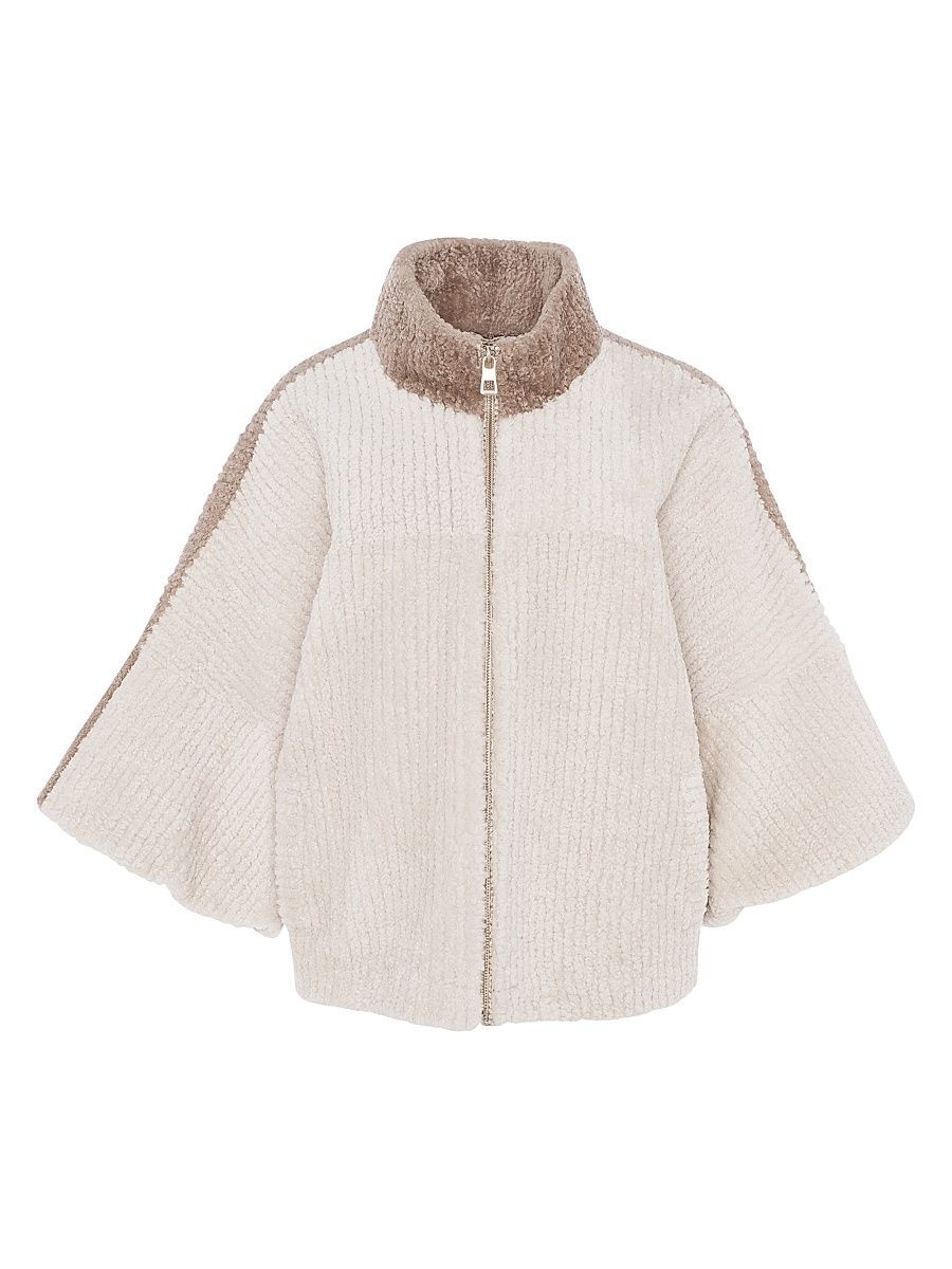 Women's Shearling Lamb Zip Jacket with Cropped Sleeves - Sand Multi - Size Medium