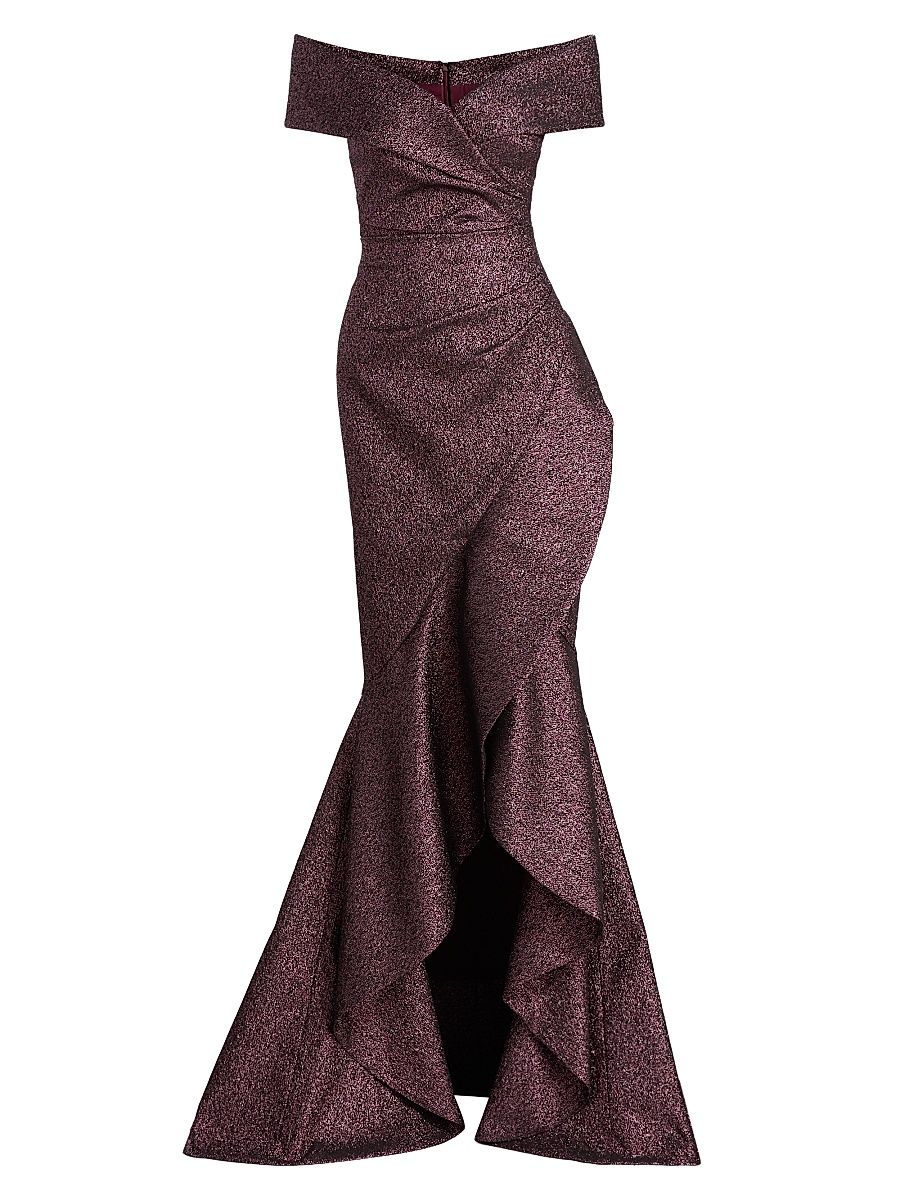 Women's Metallic Jacquard Off-the-Shoulder Gown - Amethyst - Size 18