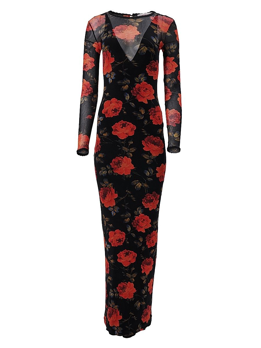 Women's Rose-Print Mesh Maxi Dress - Black Multi - Size Large