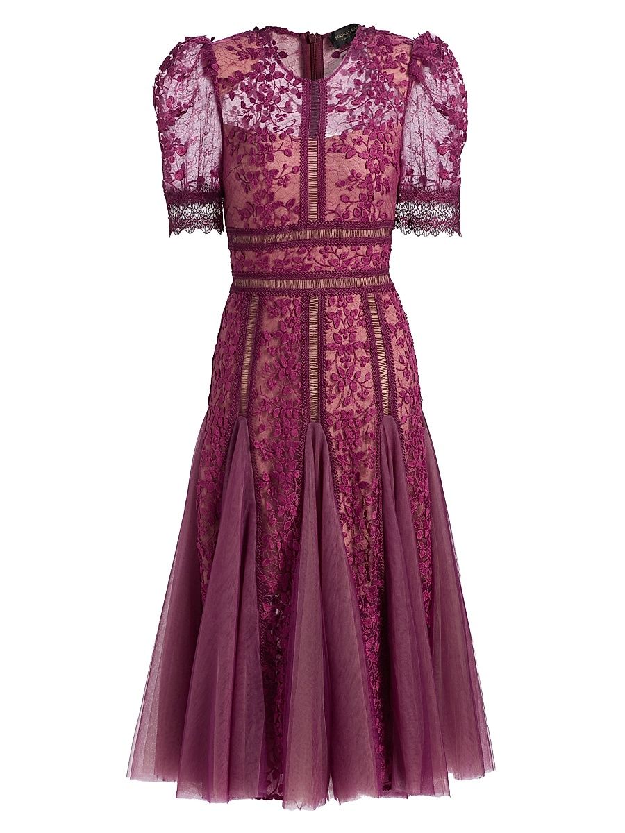 Women's Megan Lace & Tulle Midi-Dress - Burgundy - Size Large