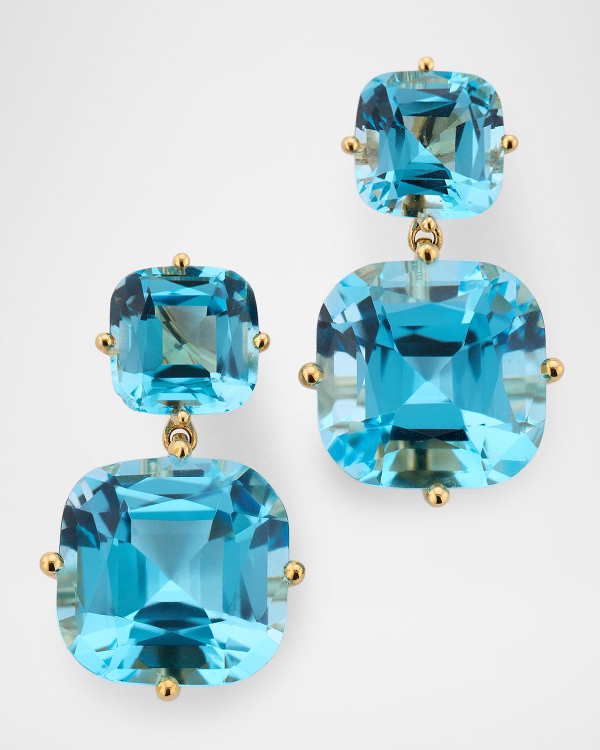 Gossip Blue Topaz 2 Tier Cushion Cut Earrings in 18K Yellow Gold.