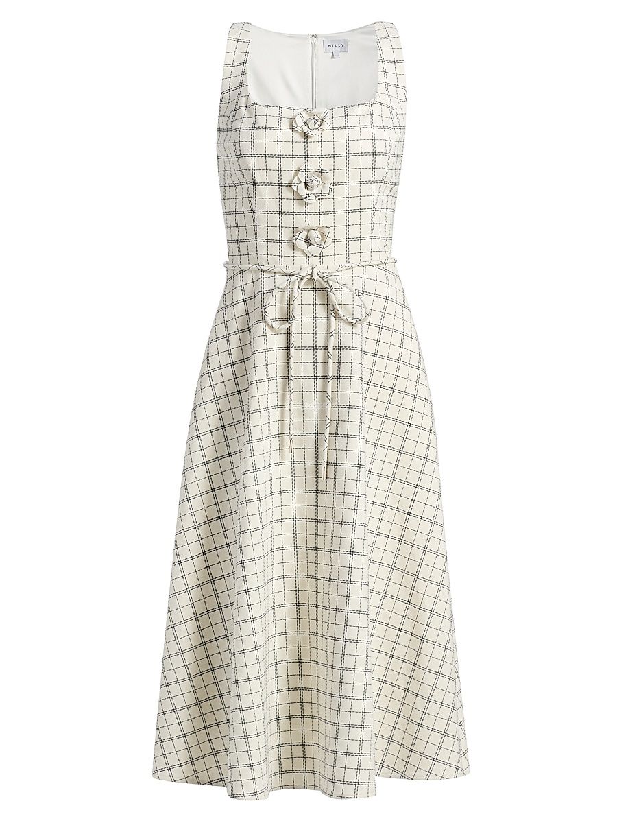 Women's Mira Plaid Tie-Waist Midi-Dress - White Black - Size 12