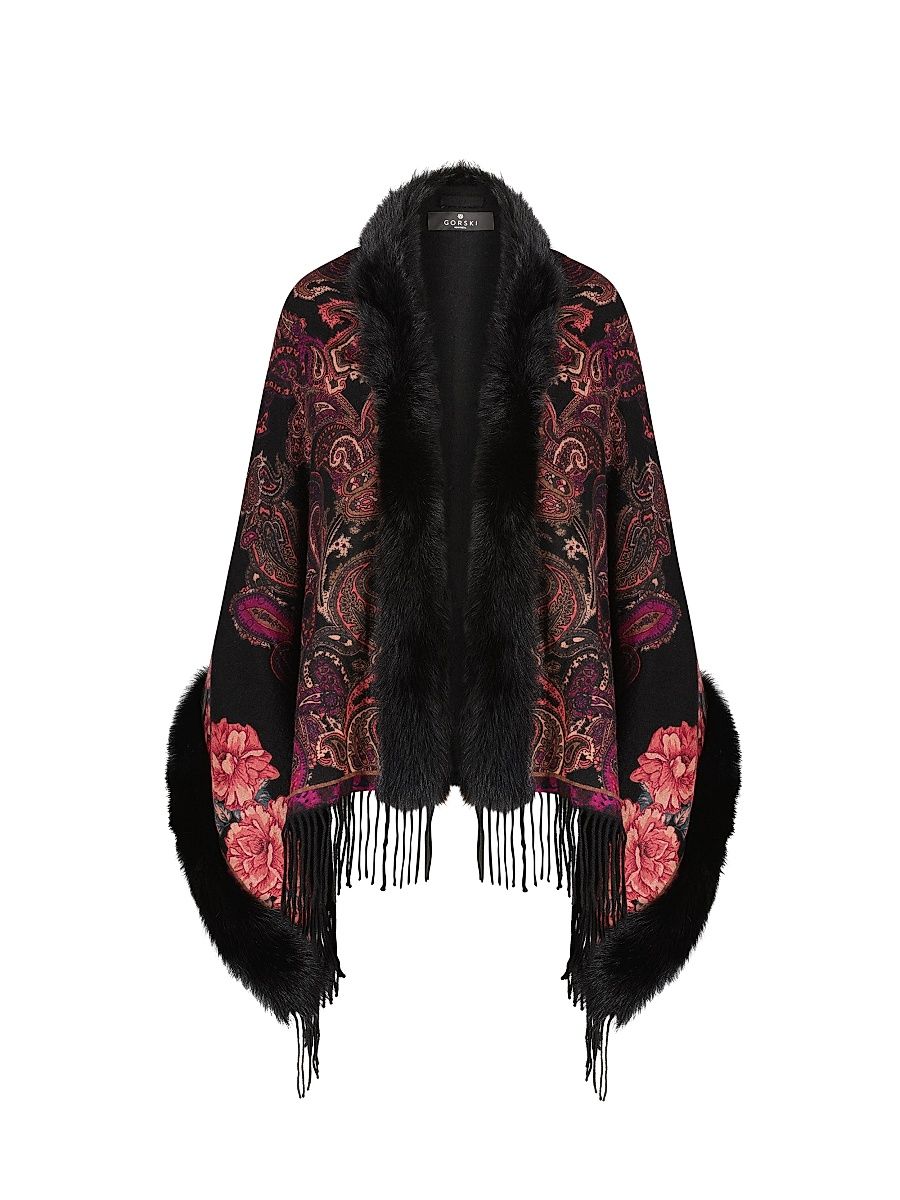 Women's Cashmere Stole with Toscana Lamb Trim - Red Paisley