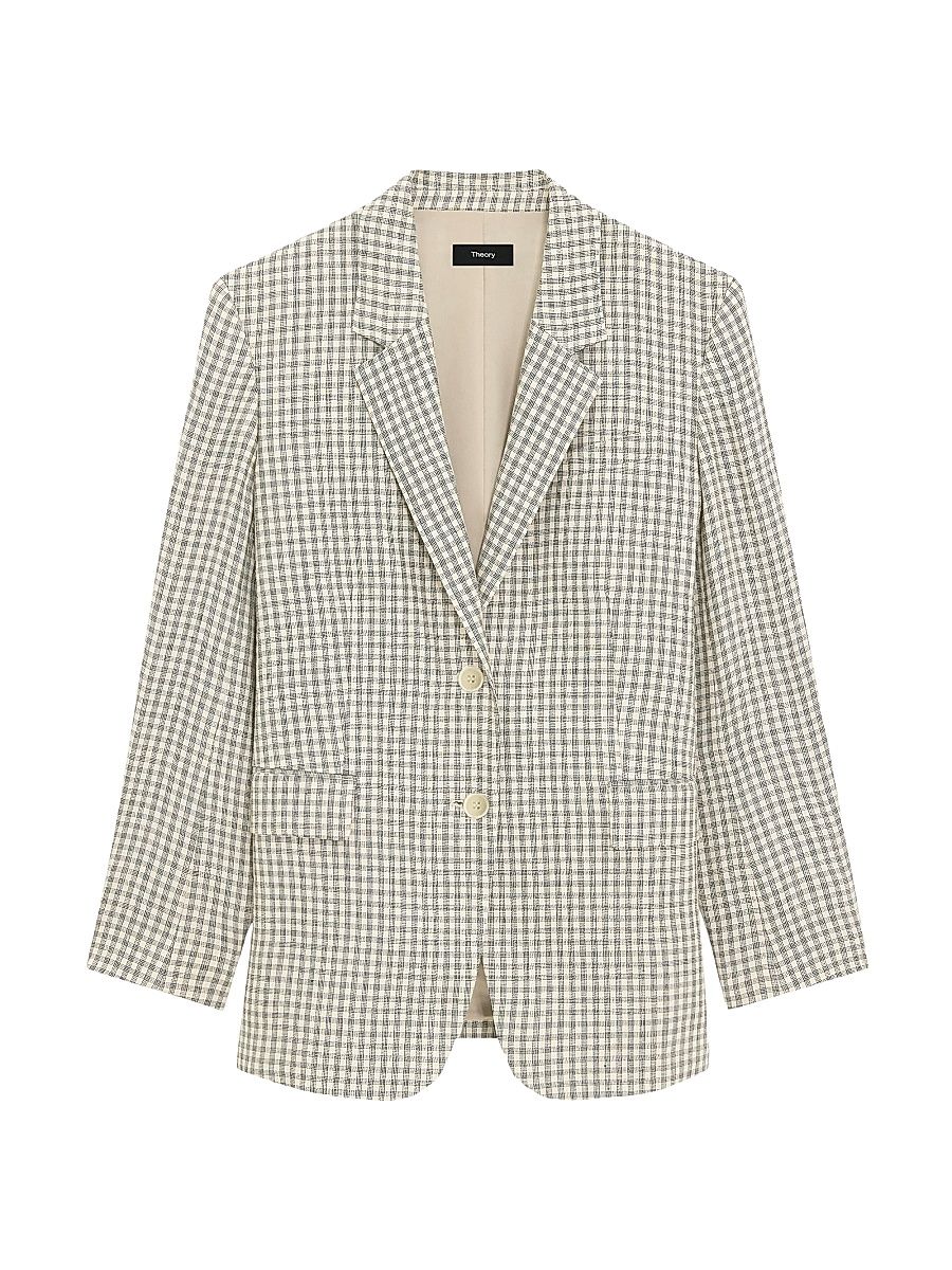 Women's Plaid Linen-Blend Oversized Blazer - Cream Multi - Size 12