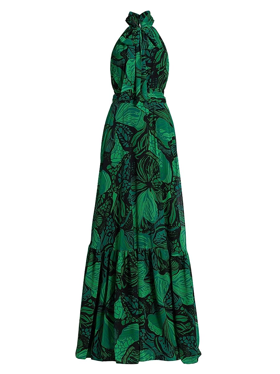 Women's Floral Chiffon Halter Fit & Flare Gown - Green Multi - Size 18