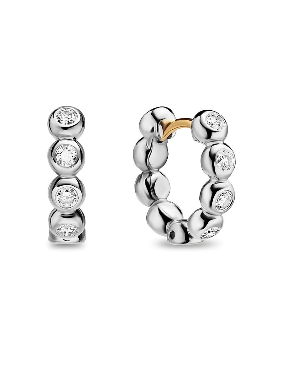 Women's Bezel Set Hoop Earrings in Sterling Silver with Diamonds, 13.4MM - Diamond